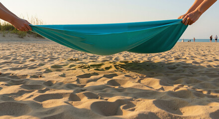 Two people stretching blue beach towel on sand