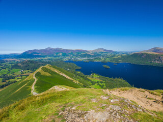 View from Catbells showing Skellgill Bank with hiking trails, Derwentwater lake, and Keswick town in the distance (Keswick, Lake District, England, United Kingdom)