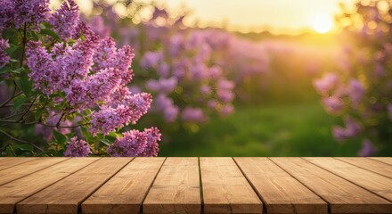 Empty wooden table facing a blooming lilac garden with soft sunset light, nature backdrop with depth of field, ideal for spring product mockups, romantic themes.