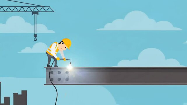 Cartoon construction worker welding steel beam under blue sky with clouds
