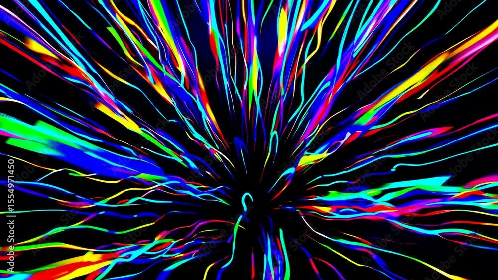 Poster a vibrant burst of colorful light streaks, representing the flash and speed of an explosion or laser