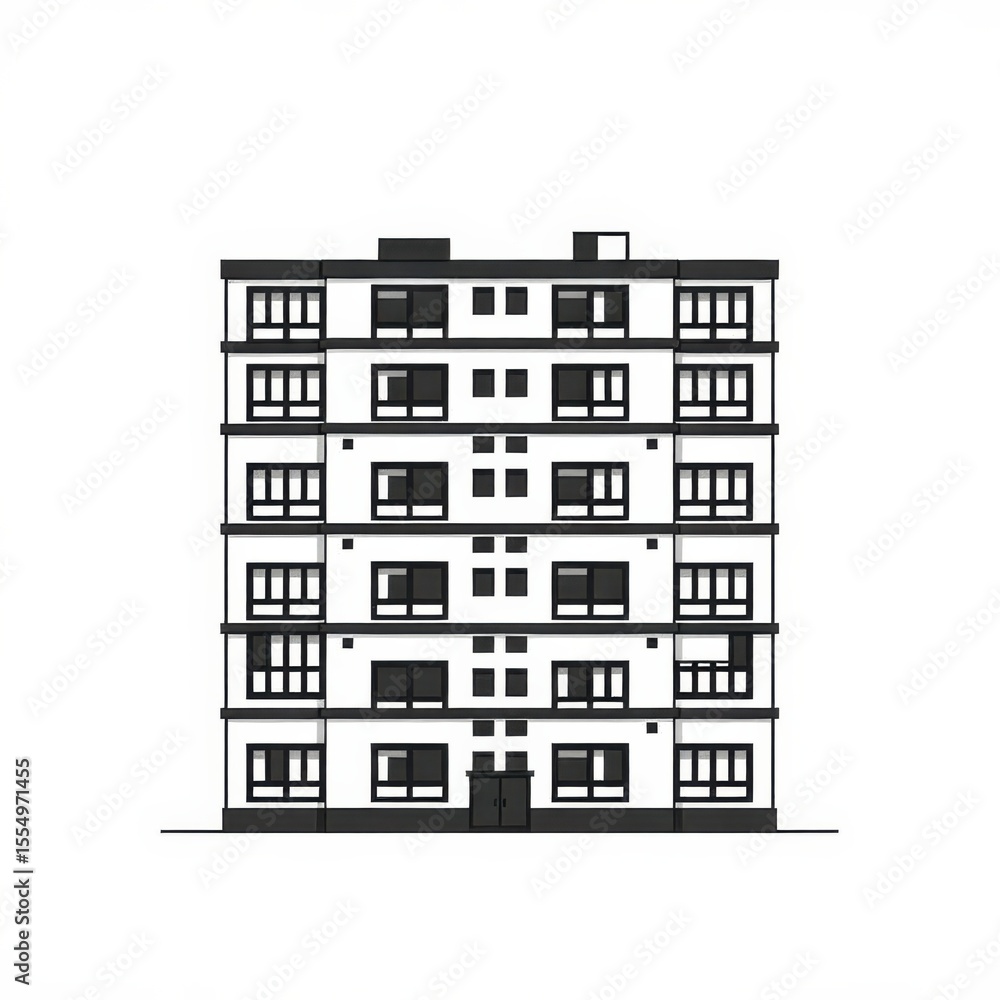 Poster tall apartment building with symmetrical window design and modern architectural style on a white bac