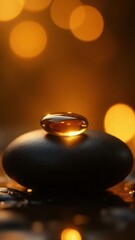 A smooth black stone with a drop of amber liquid on top with bokeh lights