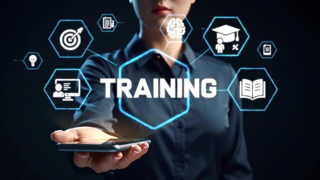 Training Concept Woman Holds Phone with Education Icons and Hologram, Online Learning and Business Development