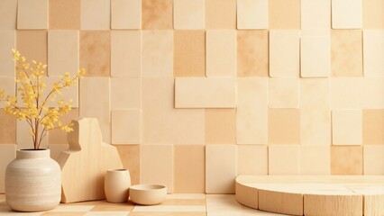Beige aesthetic scene with vase, bowl, and platform against textured wall