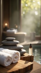 A zen spa scene with stacked stones, towels, and oil bottle near water edge
