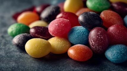 Colorful round candy scattered on dark background for confectionery sweets snack food photography and branding design visuals