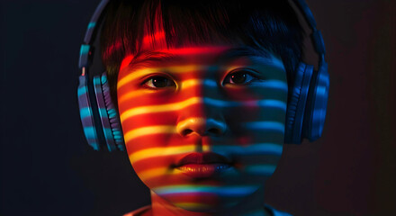 Autistic asian child with noise cancelling headphones with spectrum of light in rainbow colors on this face symbolizing neurodiversity awareness, spectrum of autism and sensory sensitivity