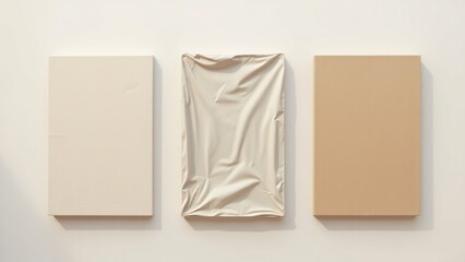 Three canvases hang on a wall, one covered in fabric, minimalist art display