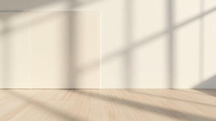 Sunlight casting shadows on a cream wall and light wood floor in an empty room