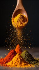 A wooden spoon pouring yellow powder over piles of colorful spices still life