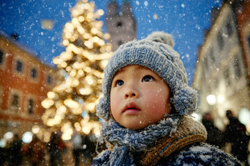 Asian young child enjoying snowfall near festive christmas tree at night