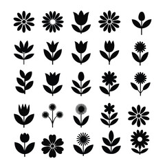 Black and white floral design collection featuring various silhouette flowers and foliage elements
