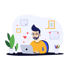 Modern office worker illustration of a young man with blue hair and glasses working on a laptop at a desk with indoor plants, colorful pencils, and framed art in a creative workspace.