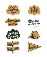 Collection of illustrated outdoor camping and adventure themed sticker illustrations with white background
