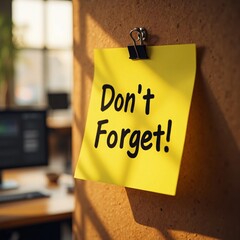 Yellow sticky note with the words don't forget attached to a cork board