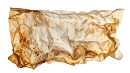 Crumpled paper texture with wrinkled surface and distressed folds isolated on white background