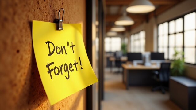 Yellow sticky note with don't forget message in an office setting reminder
