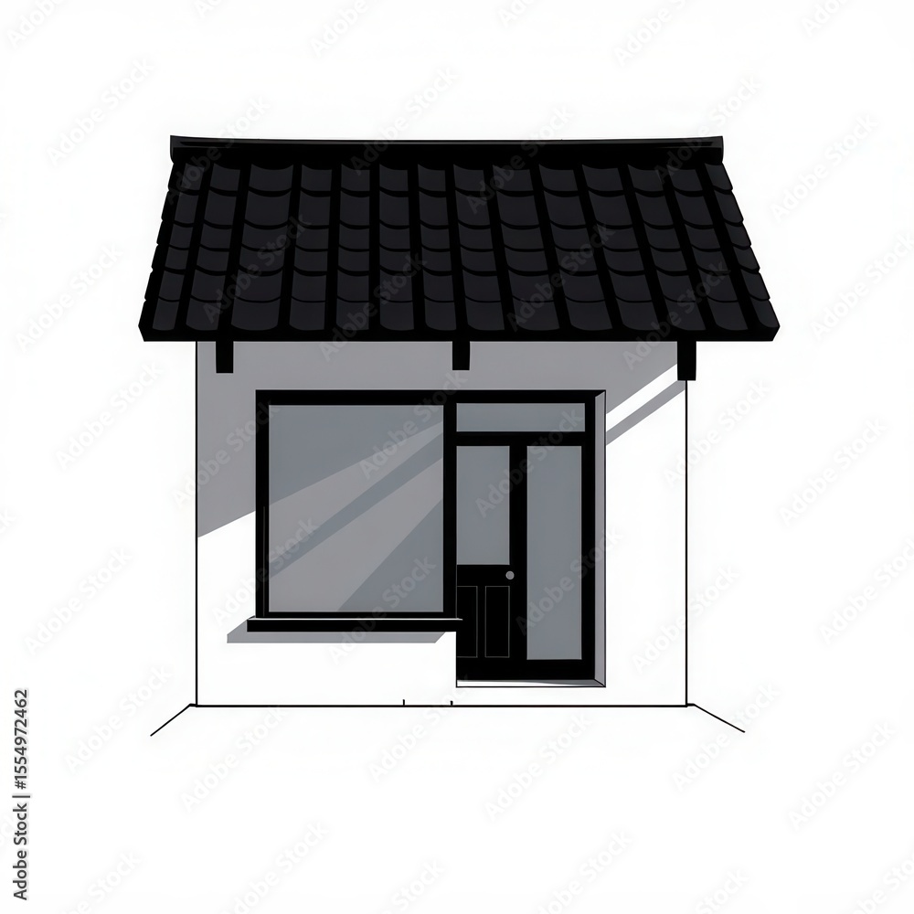 Poster minimalist building with dark tiled roof and window. clean lines and bright white walls create contr