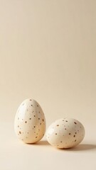 Two speckled eggs on a beige surface under soft lighting in studio shot