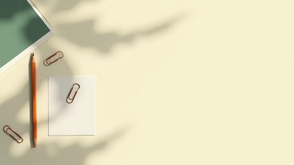 A flat lay of office supplies including a pencil and paper clips on a desk