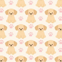 Seamless pattern of cute cartoon puppies with pink paw prints on light background