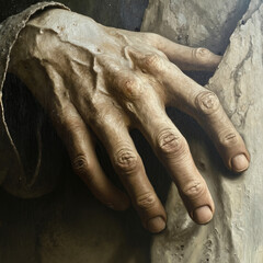 Fototapeta premium A painting of a hand reaching out of a hole in a wall