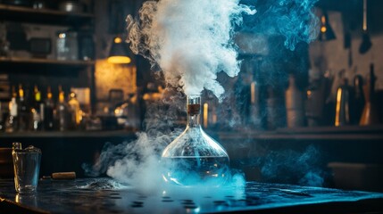 Science experiment with beaker and smoke in laboratory setup for chemical research concept photography education scene