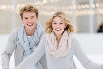 Young caucasian couple ice skating outdoors with joyful expressions