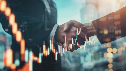 Double exposure of digital stock market data and financial charts and businessmen shaking hands. The video covers trading, investment, finance and cooperation - Powered by Adobe