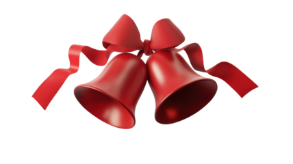 Shiny red bell with red satin ribbon tied in a bow isolated on white background