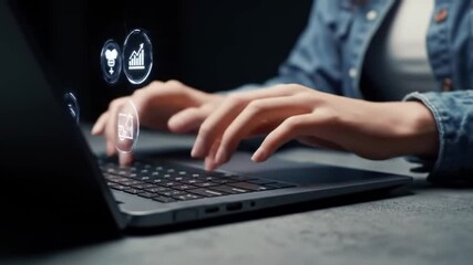Woman Typing on Laptop with Digital Business Icons Overlay, Data Analysis Concept - Powered by Adobe