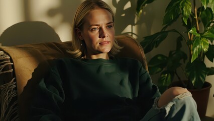 Obraz premium Woman in Green Sweater - Portrait with Plant. A portrait of a blonde woman wearing a dark green sweater. She is looking to the side with a thoughtful expression. 