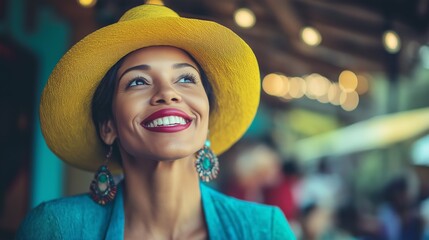 Stylish Mid-aged caucasian Woman Smiling Joyfully Wearing Strah hat in the airport on Vacation