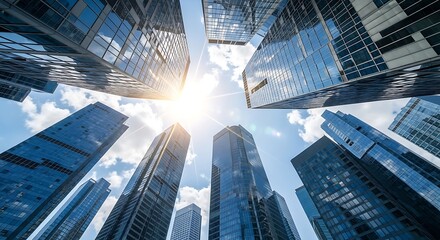 Looking Up At Modern Skyscrapers On A Bright Sunny Day With Blue Sky