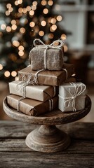 Rustic gift boxes on wooden stand with festive holiday background and bokeh