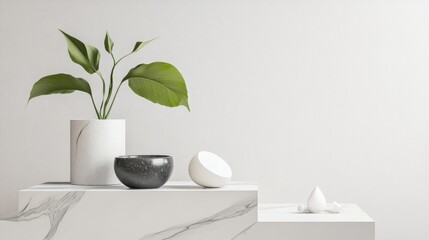 Minimalist white ceramic decor with green plant on neutral table for interior modern photography setup composition