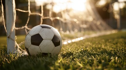 Fototapeta premium Soccer ball leaning against a white goalpost on a sunny afternoon, close-up capturing grass texture