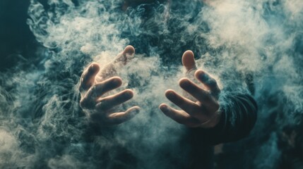 Mysterious smoke cloud with hands reaching through mist for fantasy surreal dramatic photography visual scene