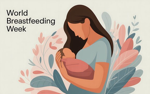 World breastfeeding week celebration with mother and baby illustration