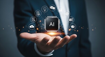 Businessperson Hand Holding A I Microchip with Glowing Digital Icons Cloud Computing Data Analysis computer chip