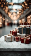 Festive gift boxes display in holiday decorated shopping mall