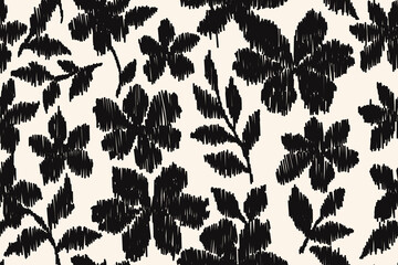 Seamless floral pattern with black hand-drawn embroidered flowers and leaves on cream background, contemporary sketch style textile design for fabric, clothing, decoration and fashion use.