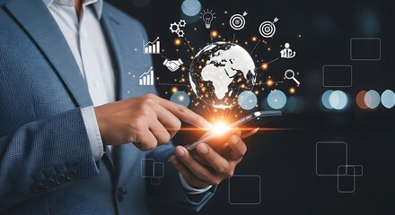 Businessperson using smartphone global network connection digital icons glowing orange light dark background