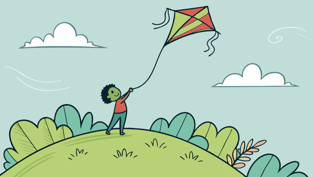 Illustration of a boy flying a kite on a green hill with clouds in a light blue sky during daytime
