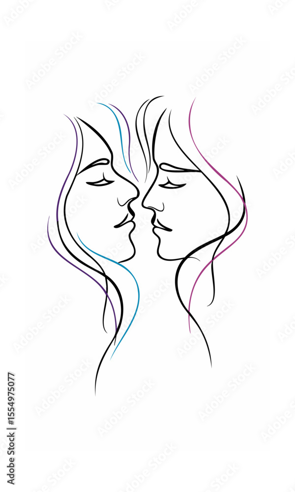 Aufkleber two faces in profile kissing drawn with continuous lines colorful hair strands on background