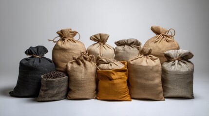 Assorted sacks in different colors isolated on white background for eco packaging product photography storage concept