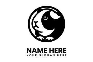 A stylized guinea pig head in a circle, black and white logo design.