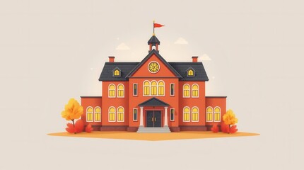 Obraz premium Classic school building with symmetrical design, featuring autumnal foliage and a neutral background.
