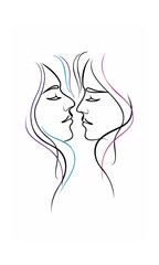 Two faces in profile kissing drawn with continuous lines colorful hair strands on background